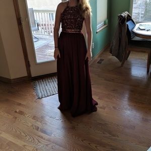 Long Maroon Halter Beaded Prom Dress